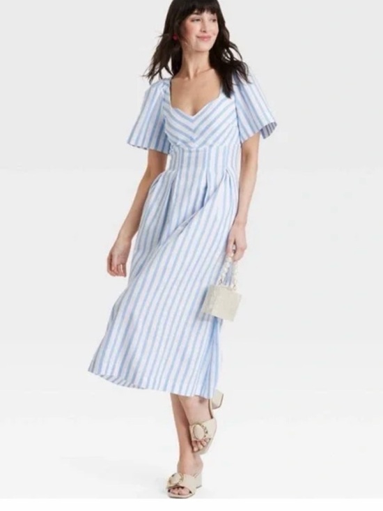 a new day Dresses & Skirts - a new day Blue and White Striped V-Neck Midi Dress